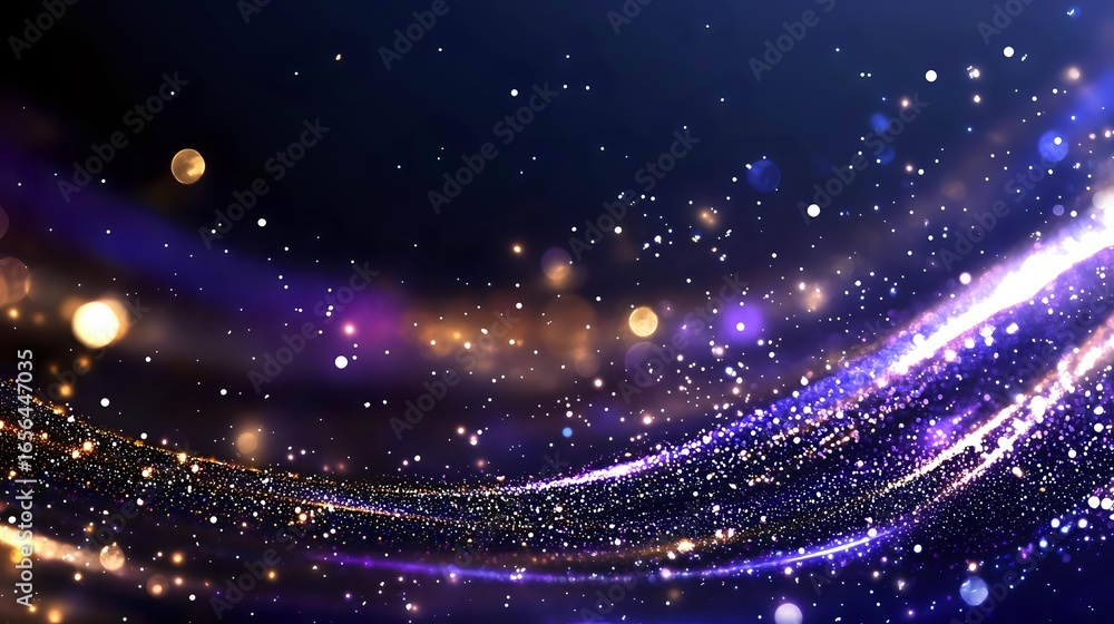 Poster magical glowing particles and light trails creating cosmic waves against dark background with bokeh 