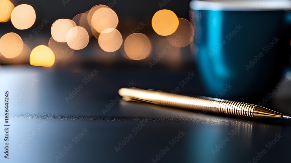 Poster golden pen on dark surface with blurred bokeh lights in background and partial view of blue coffee c
