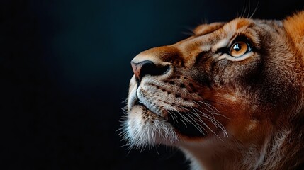 Obraz premium Dramatic close-up profile of majestic lioness face with intense blue eyes against dark background, showing detailed whiskers and facial features in warm golden tones.