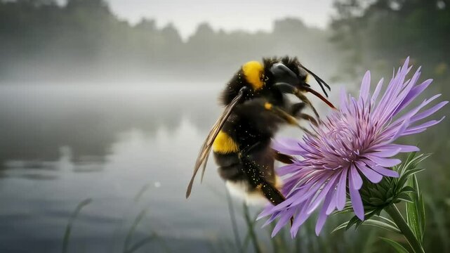 Bumble bee on purple flower by misty lake