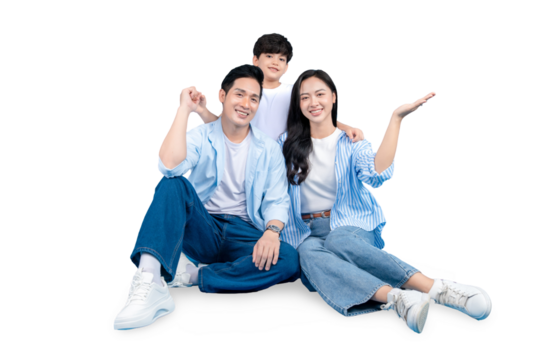 A happy family of three, a man, a woman, and a child, smiling at the camera. They sit together, with the woman gesturing, creating a moment of connection on PNG