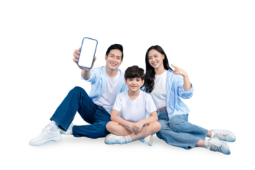 Happy family of three posing while holding a cellphone on PNG 