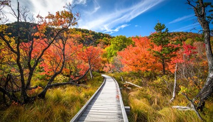 Curved forest trail with autumn leaves and clear blue sky.