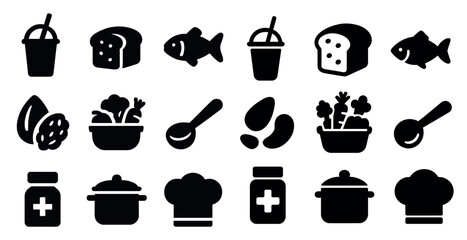 Food and cooking solid icons set – filled, silhouette, kitchen and culinary symbols