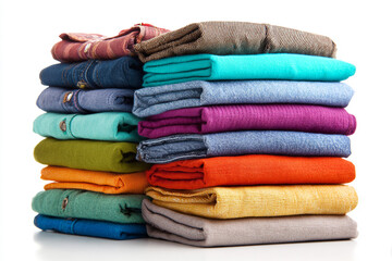Vibrant stack of colorful folded clothing, ready for retail, fashion, or lifestyle use.