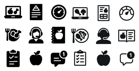 Diet and nutrition solid icons set – healthy, filled, meal prep symbols