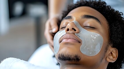 Young African American man relaxing during facial skincare treatment with clay mask patches under eyes at spa salon, wellness and self care concept.