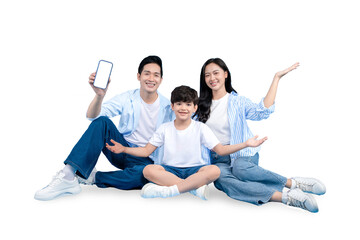 Family of three members with mobile phone and a cheerful smiling on PNG 