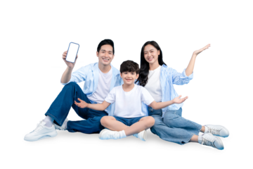 Family of three members with mobile phone and a cheerful smiling on PNG 
