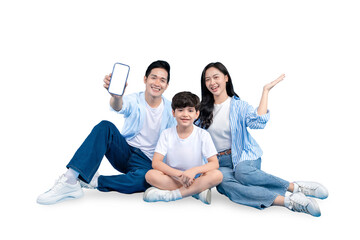 A family happily sitting together and smiling while showing the phone screen on PNG