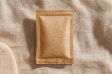 Blank brown paper packaging pouch on textured fabric background with natural lighting and shadows