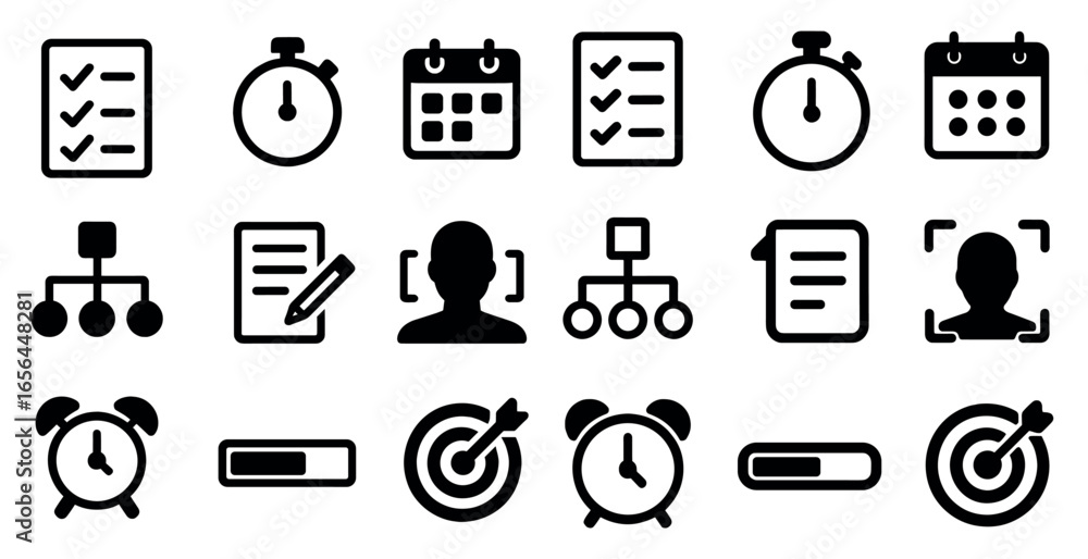 Poster task management outline icons set – linear, solid, productivity and time tracking graphics