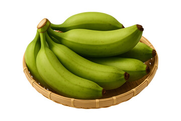 Green bananas in a bamboo basket on a black background a healthy fruit bunch