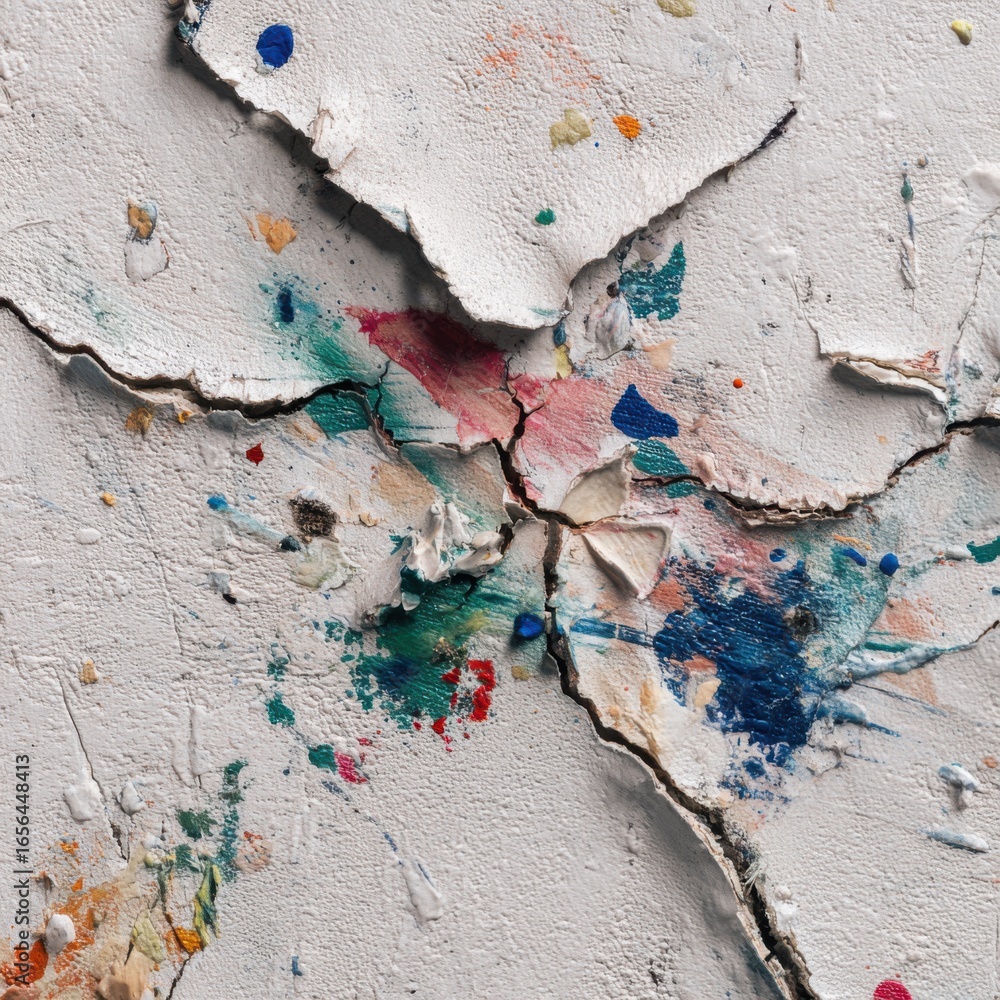 Poster textured abstract background with colorful paint splashes and cracked white surface showing artistic