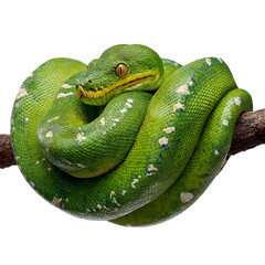 Fototapeta premium Emerald Tree Boa coiled around a branch, scales shimmering green, isolated on a transparent background. --v 7.0