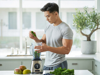 Fit athletic man preparing green smoothie with blender fresh kale fruits vegetables wellness nutrition lifestyle in modern kitchen