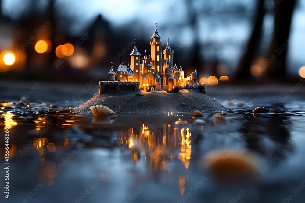 Poster magical miniature castle illuminated at dusk with glowing windows, reflected in puddle water with bo