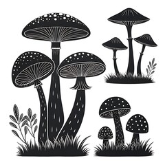 Vector Silhouettes: Diverse Black Mushrooms