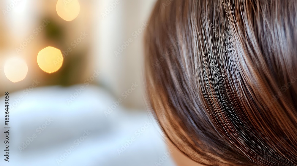 Aufkleber close up view of shiny brown hair with soft bokeh lights in background creating romantic atmosphere.