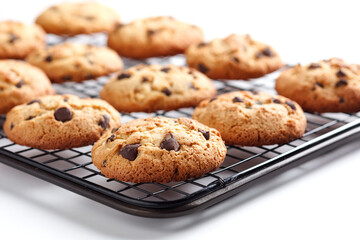 Warm chocolate chip cookies fresh from the oven cooling on a wire rack ready to enjoy