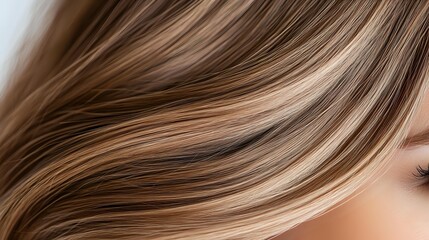 Luxurious close-up of smooth brown and blonde balayage hair with gentle waves showing professional hair coloring technique and modern highlighting style.