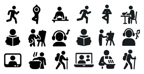 Fitness and leisure icons set – silhouette, solid, exercise and wellness symbols