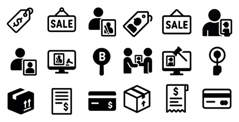 E-commerce shopping solid icons set – filled, business, retail symbols