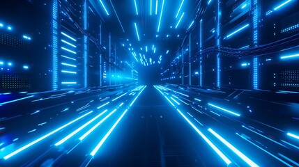 Underground cyberpunk server hub glowing with neon blue beams, hovering data streams, cable pathways in perfect rows, 3D rendered style.