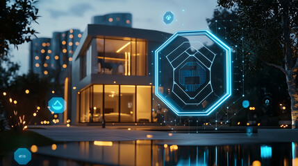 Modern home illuminated by digital technology at dusk with holographic displays