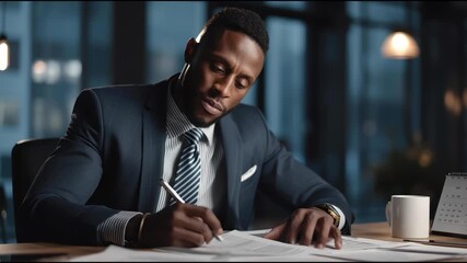A focused businessman in a suit writing notes at a desk in a modern office during the evening, demonstrating dedication and professionalism. - Powered by Adobe