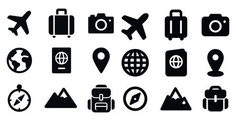 Travel and tourism icons set – solid, filled, vacation symbols for trip planning