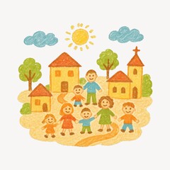 Naklejka premium Colorful village family drawing