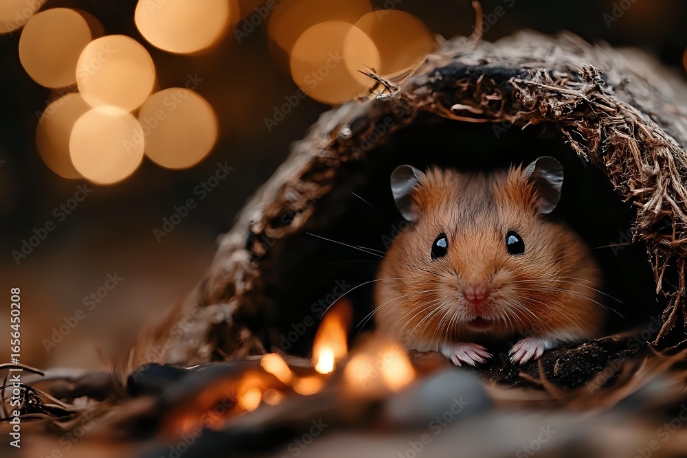 Poster curious hamster peeking from wooden hideout with warm bokeh lights in background creating cozy autum