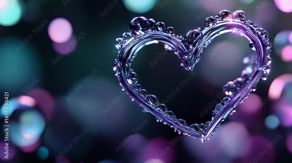 Poster ornate heart-shaped frame with delicate baroque details floating on blurred bokeh background in purp