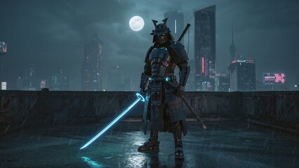 Standing samurai in armor holding glowing blue katana on wet rooftop at night, with neon skyline