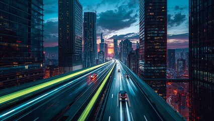 Elevated multilane highway slicing through urban skyline at twilight, with neon trails, cars