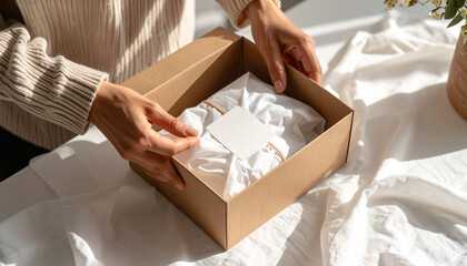 POV of hands wrapping a small product with silk tissue inside a box, elegant sticker, top view, gift packaging, premium presentation, copy space