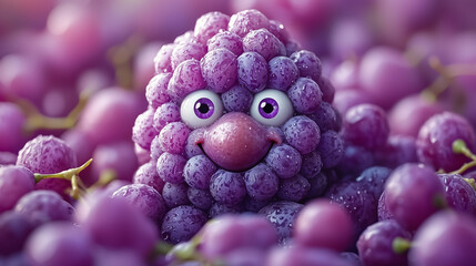 Cute character peeks through a bunch of grapes in a colorful display