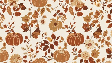Displaying pattern of stylized pumpkins, fall leaves, acorns, blossoms and twigs on beige backdrop