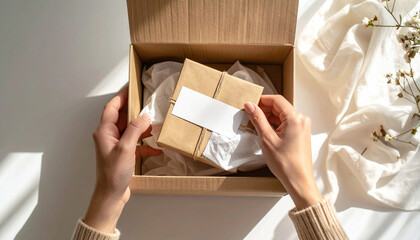 POV of hands wrapping a small product with silk tissue inside a box, elegant sticker, top view, gift packaging, premium presentation, copy space