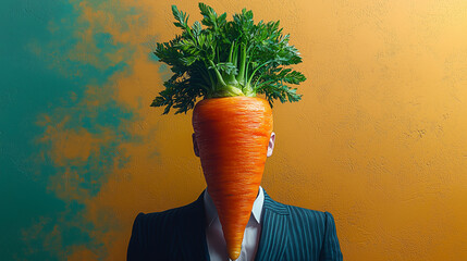 Person with a carrot for a head in a colorful backdrop during a creative event