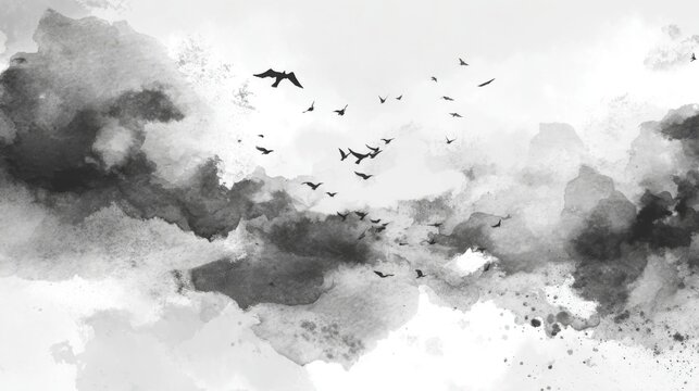 birds fly watercolor sky clouds