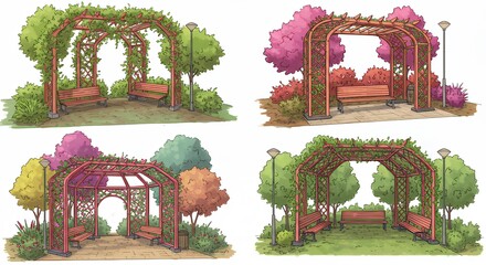 Four colorful wooden arbors in a garden setting