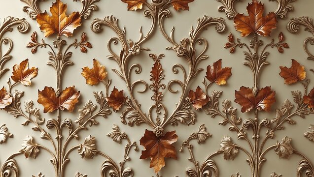 Displaying baroque scrollwork on cream wall panel, with gold-tone vines and bronze maple leaves