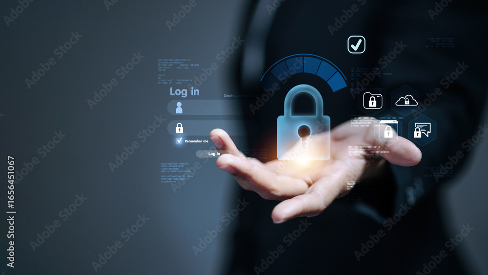 Poster cybersecurity lock icon with login interface in hand