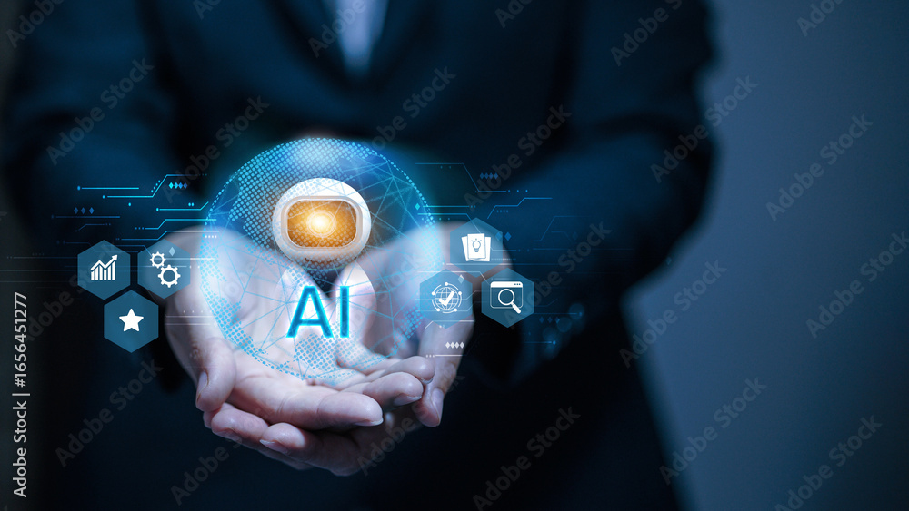 Poster futuristic ai robot with digital interface in business hand