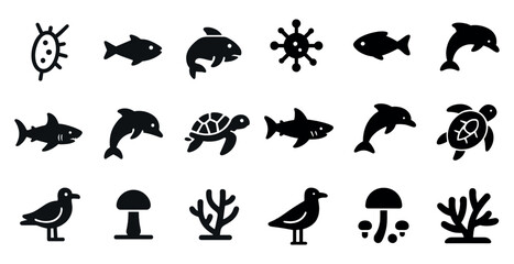 Marine life icons set in silhouette style – aquatic, ocean life symbols