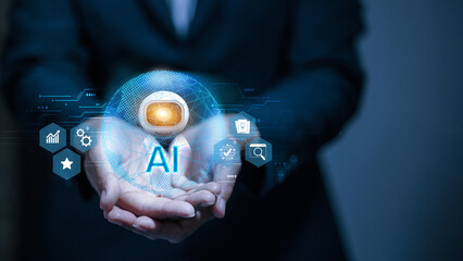 Futuristic AI Robot with Digital Interface in Business Hand