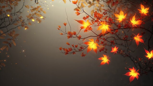 Swaying glowing orange maple leaves on twig in foggy woods, red buds, floating lights, copy space
