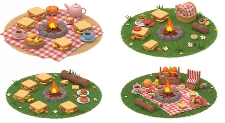 Four picnics setups in grass